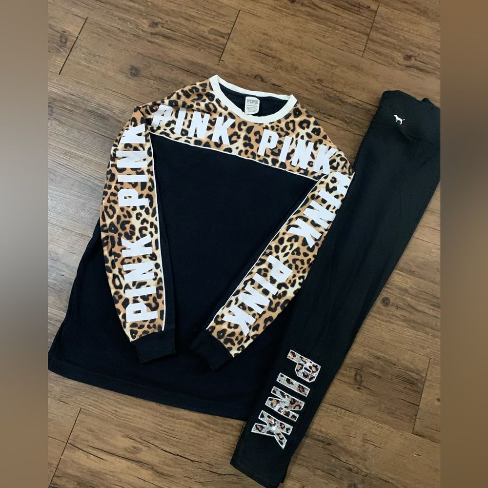 PINK VS COLORBLOCK CHEETAH SHIRT AND BLING YOGA LEGGINGS OUTFIT S